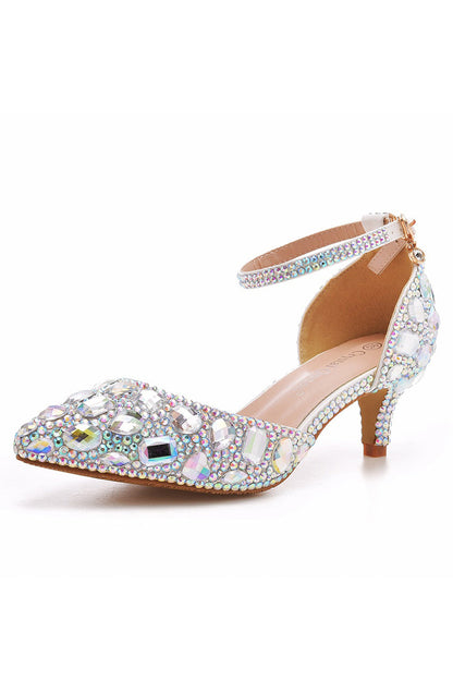 Pointed Toe Crystal Diamond  Ankle Strap Kitten Heels