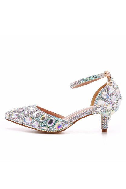 Pointed Toe Crystal Diamond  Ankle Strap Kitten Heels