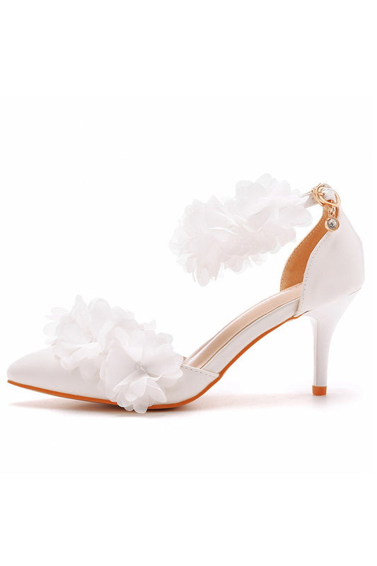 White Flowers Pointed Toe Ankle Strap High Heels