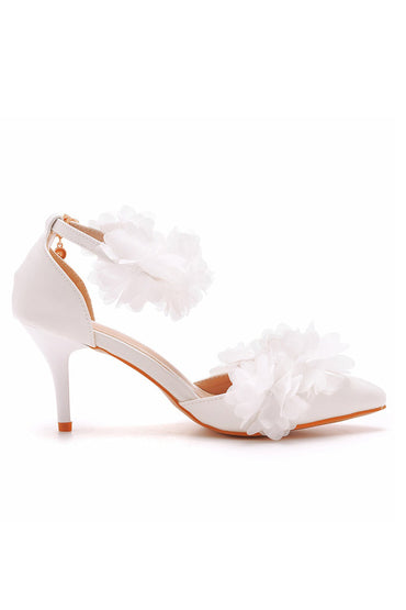 White Flowers Pointed Toe Ankle Strap High Heels