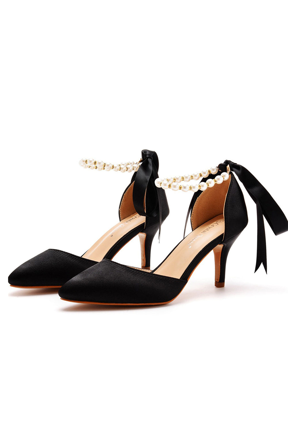 Pearl Ribbon Pointed Toe Ankle Strap Satin High Heels