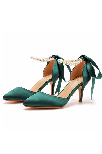 Pearl Ribbon Pointed Toe Ankle Strap Satin High Heels