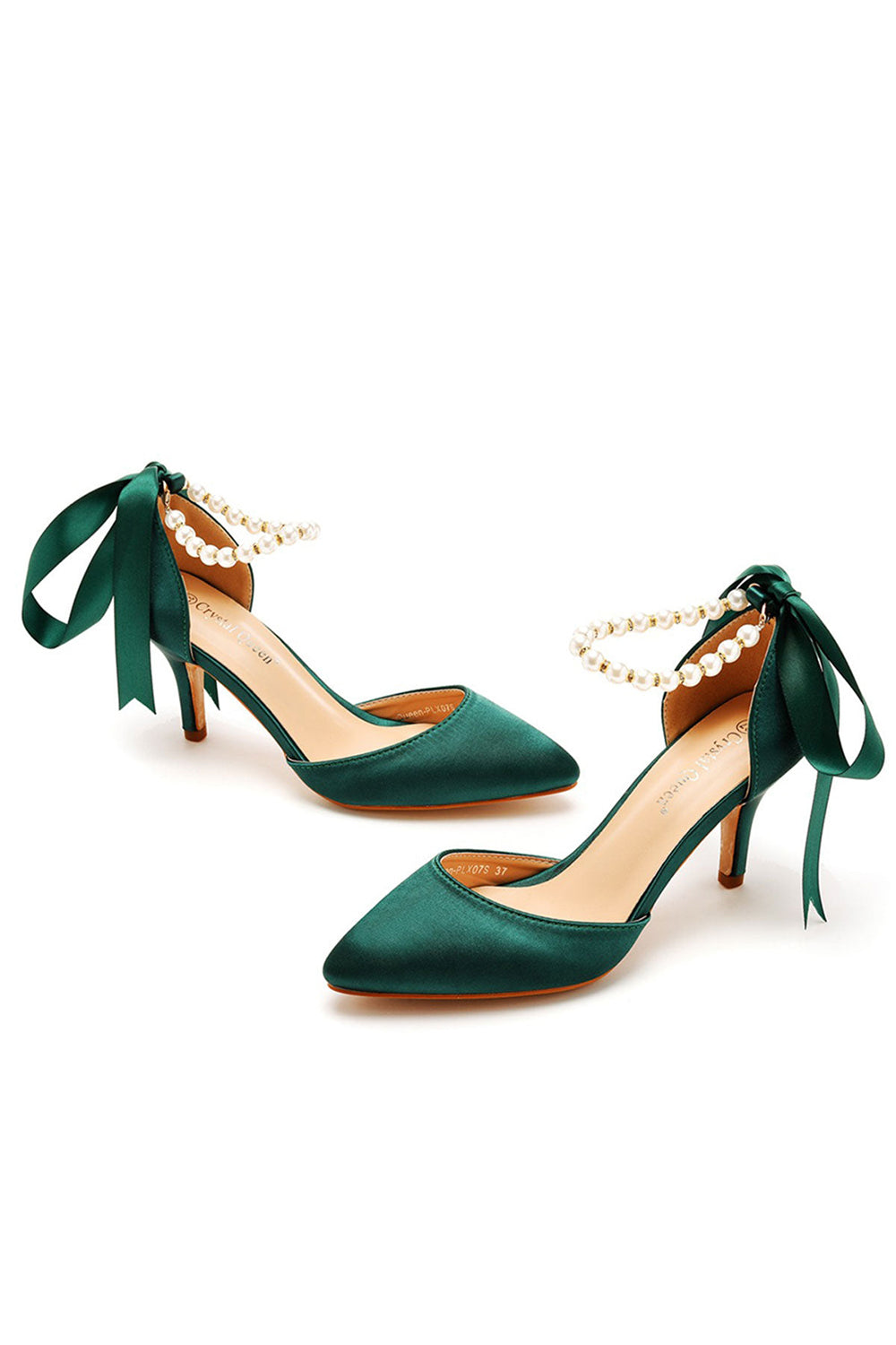 Pearl Ribbon Pointed Toe Ankle Strap Satin High Heels