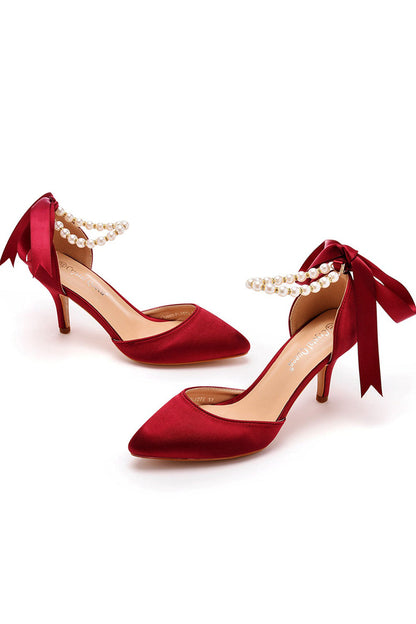 Pearl Ribbon Pointed Toe Ankle Strap Satin High Heels