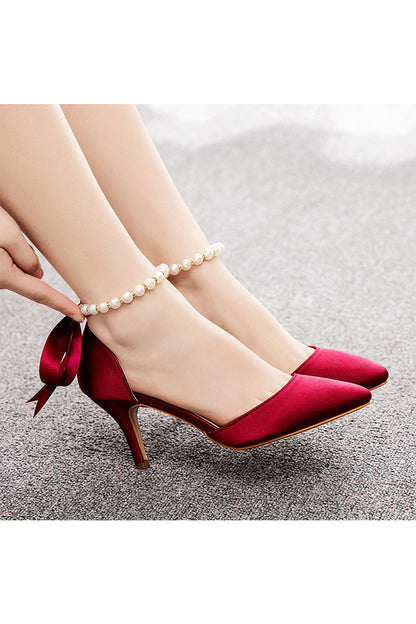 Pearl Ribbon Pointed Toe Ankle Strap Satin High Heels