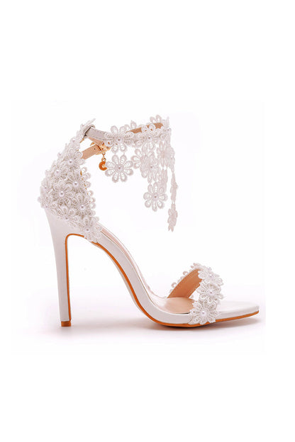 White Lace Flowers Tassels Open Toe Ankle-strap Ultra High Heels