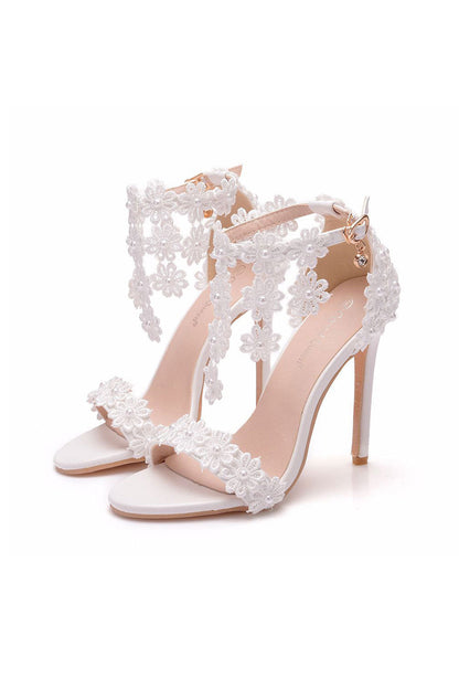 White Lace Flowers Tassels Open Toe Ankle-strap Ultra High Heels