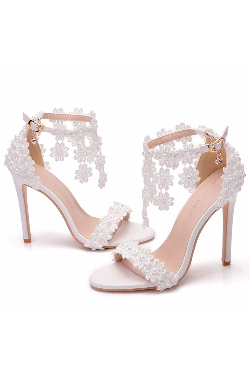 White Lace Flowers Tassels Open Toe Ankle-strap Ultra High Heels