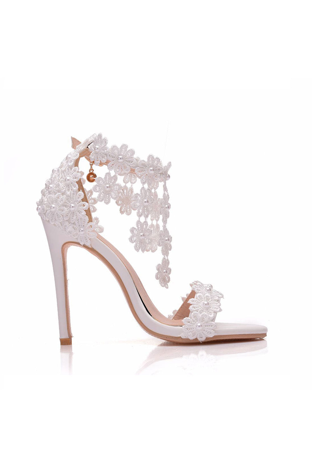 White Lace Flowers Tassels Open Toe Ankle-strap Ultra High Heels