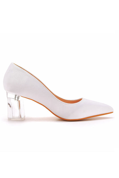 Simple White Pointed Toe Transparent Block Heels