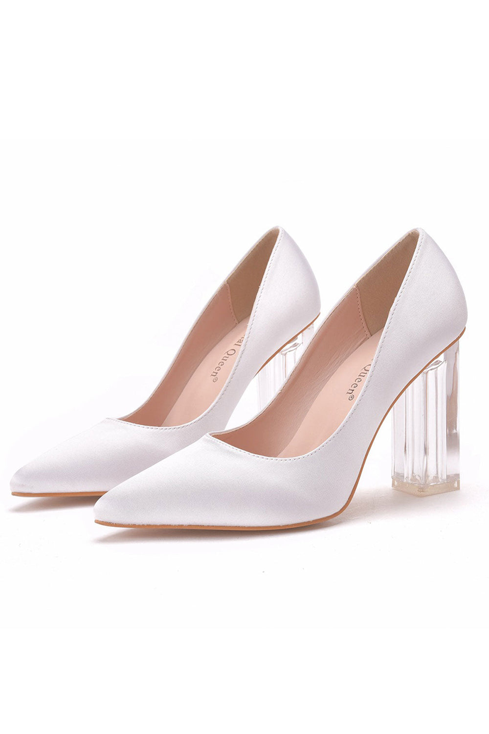 Simple White Pointed Toe Transparent Block Heels