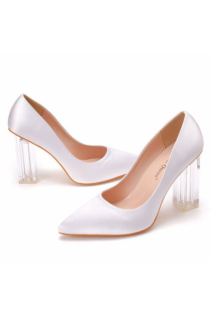 Simple White Pointed Toe Transparent Block Heels