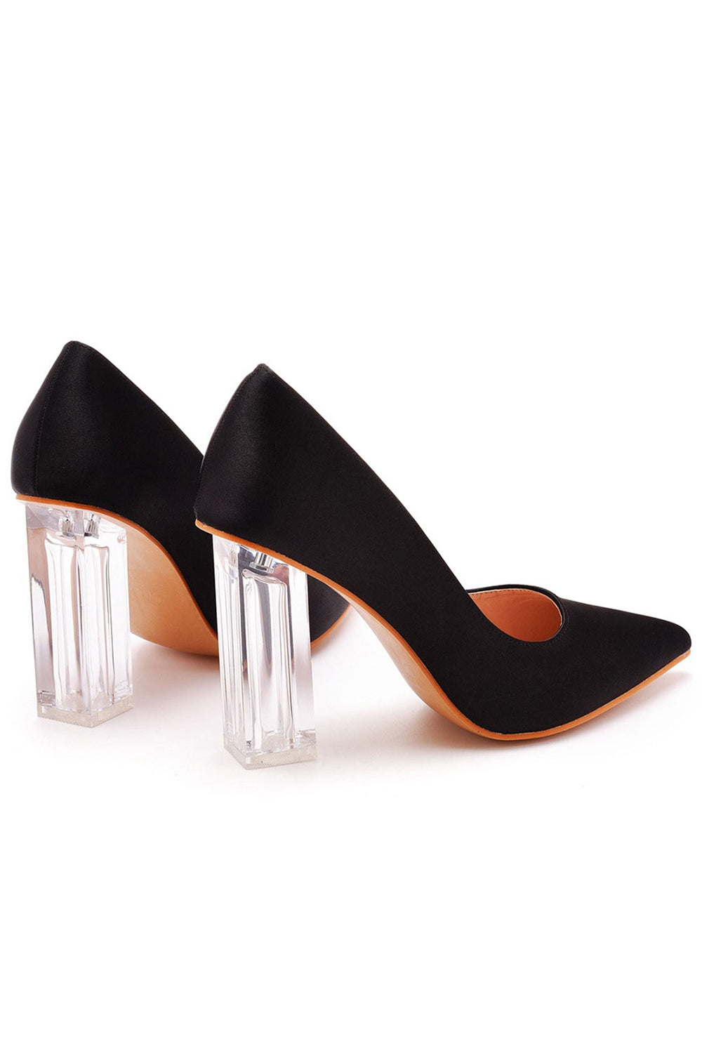 Simple Satin Slip on Pointed Toe Transparent Block Heels