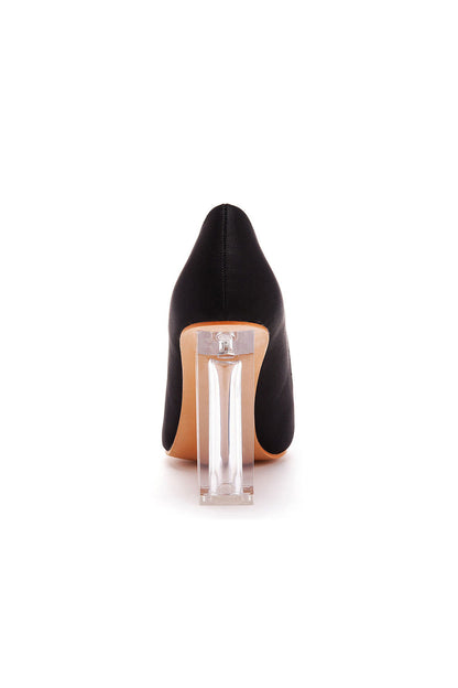 Simple Satin Slip on Pointed Toe Transparent Block Heels