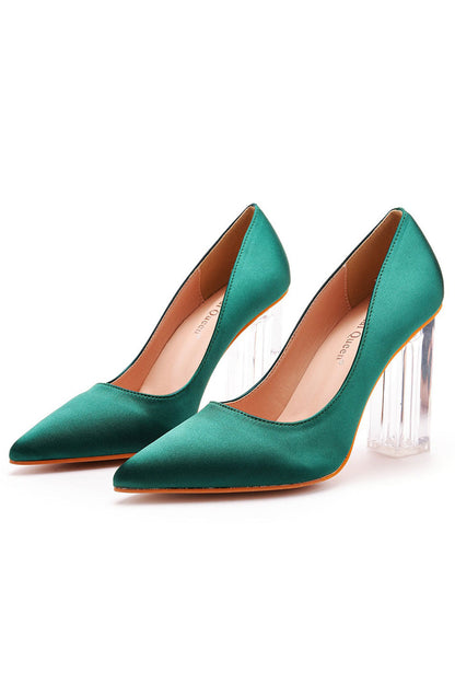 Simple Satin Slip on Pointed Toe Transparent Block Heels