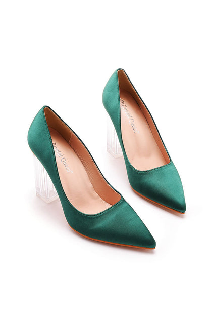 Simple Satin Slip on Pointed Toe Transparent Block Heels