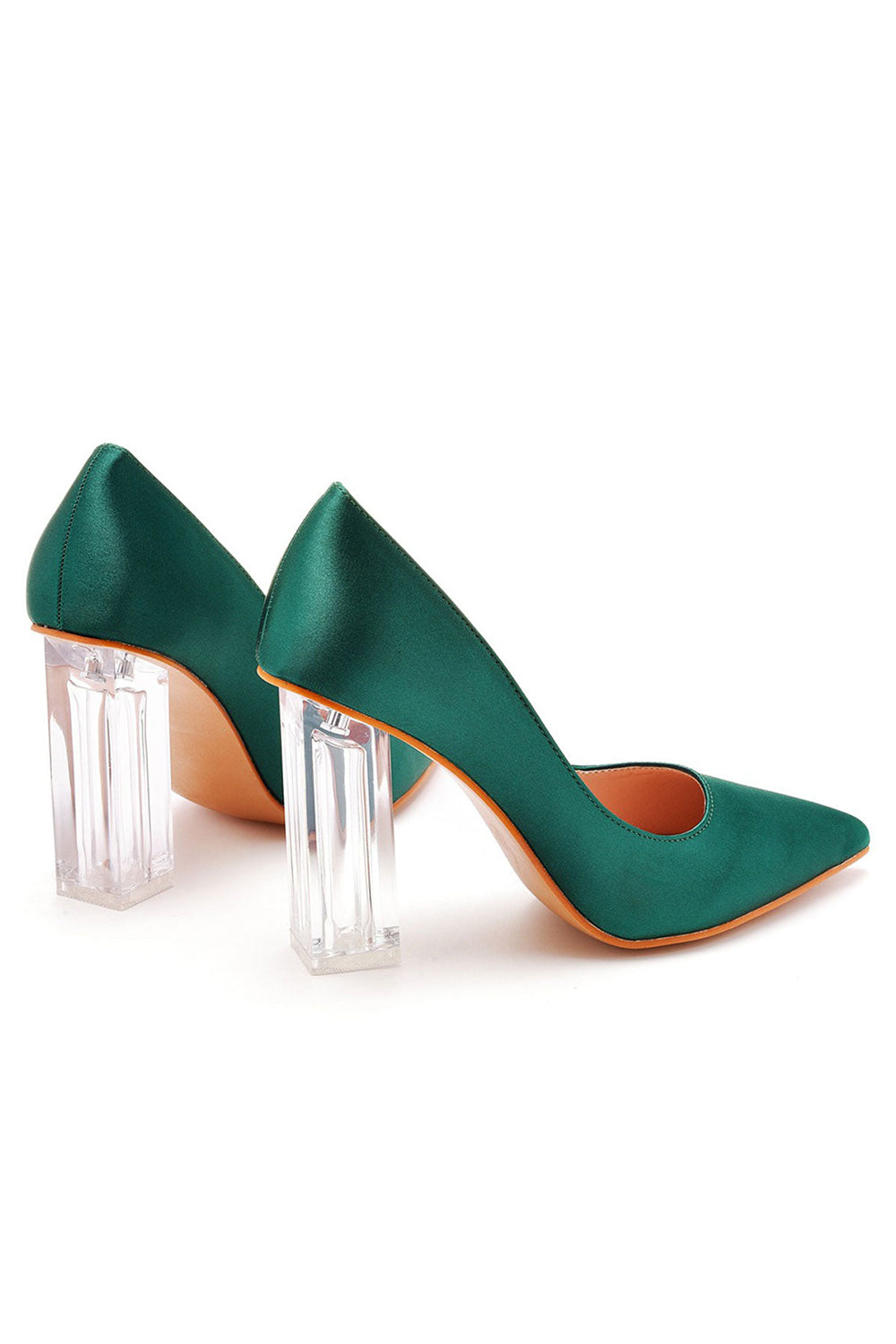 Simple Satin Slip on Pointed Toe Transparent Block Heels