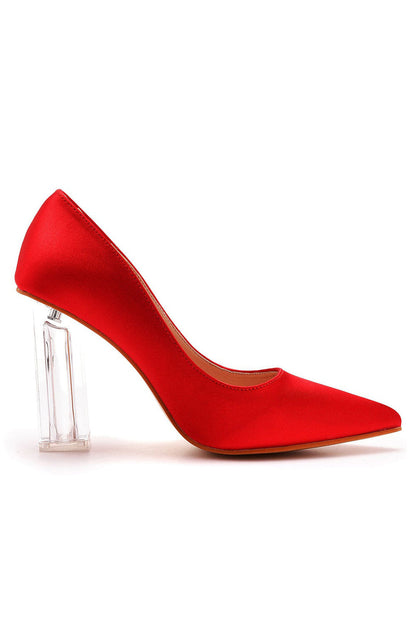 Simple Satin Slip on Pointed Toe Transparent Block Heels