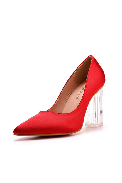 Simple Satin Slip on Pointed Toe Transparent Block Heels