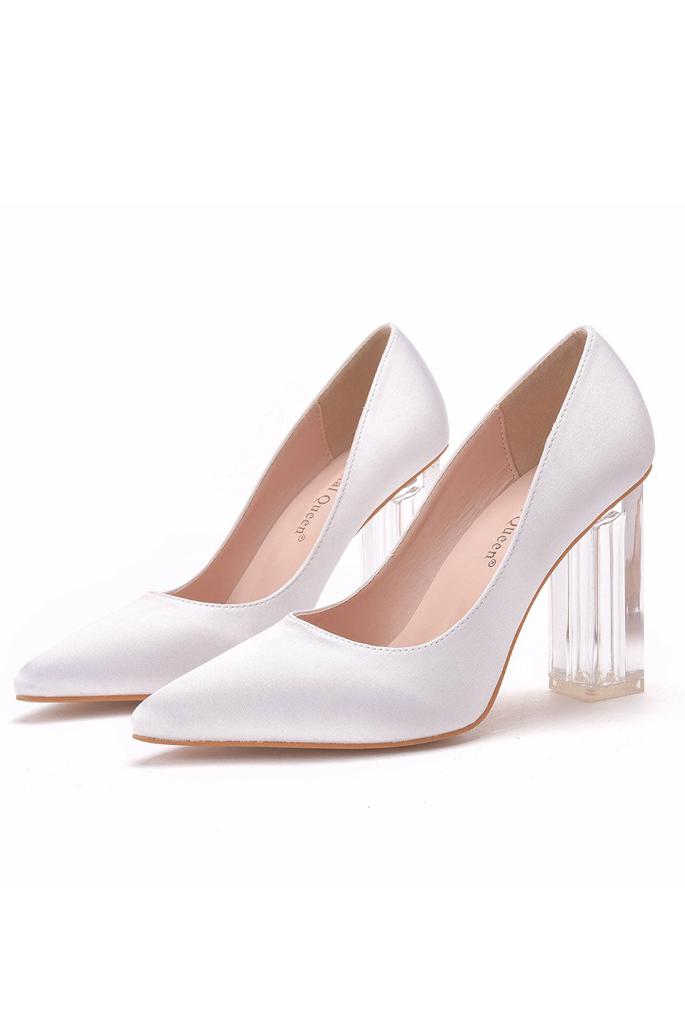 Simple Satin Slip on Pointed Toe Transparent Block Heels