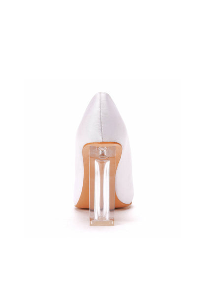 Simple Satin Slip on Pointed Toe Transparent Block Heels