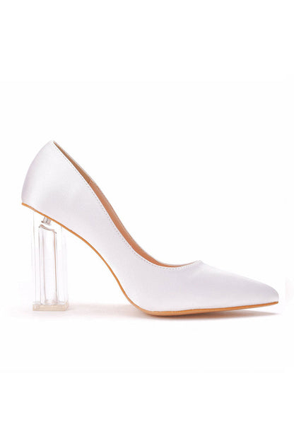 Simple Satin Slip on Pointed Toe Transparent Block Heels