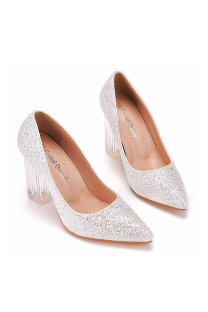 Simple Satin Slip on Pointed Toe Transparent Block Heels