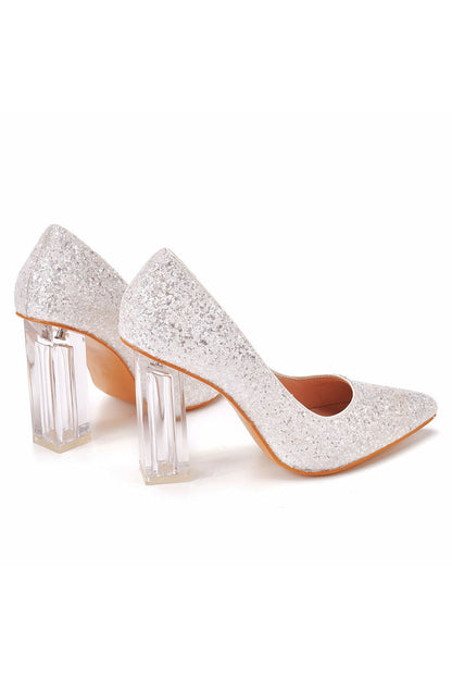 Simple Satin Slip on Pointed Toe Transparent Block Heels