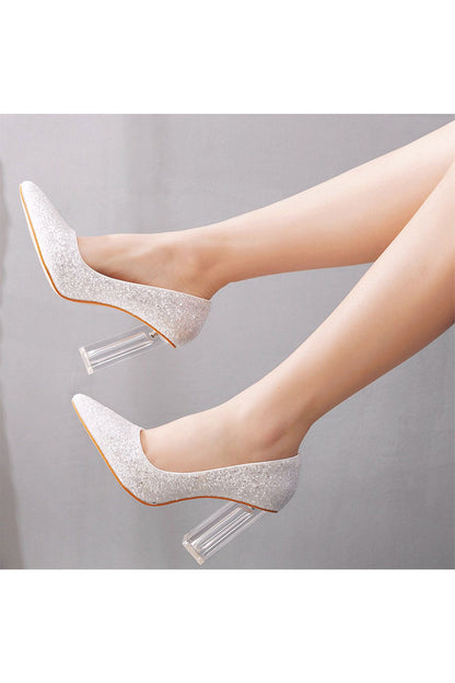 Simple Satin Slip on Pointed Toe Transparent Block Heels