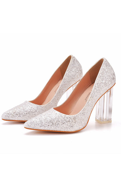 Simple Satin Slip on Pointed Toe Transparent Block Heels