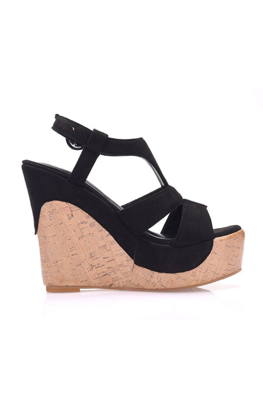 Suede Wood Grain Peep Toe Platform Wedges Sandals