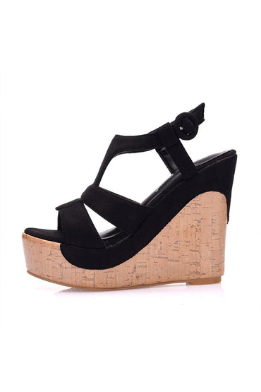 Suede Wood Grain Peep Toe Platform Wedges Sandals