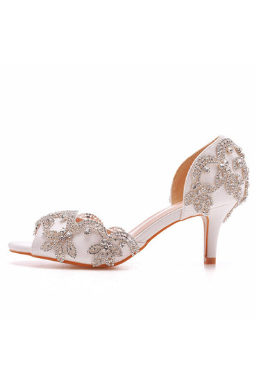 Peep Toe Satin Rhinestone Slip On High Heels