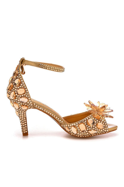 Crystal Rhinestone Decor Peep Toe Stiletto Ankle Strap High Heels