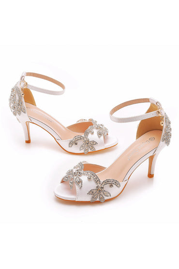 Peep Toe Satin Rhinestone Ankle Strap High Heels