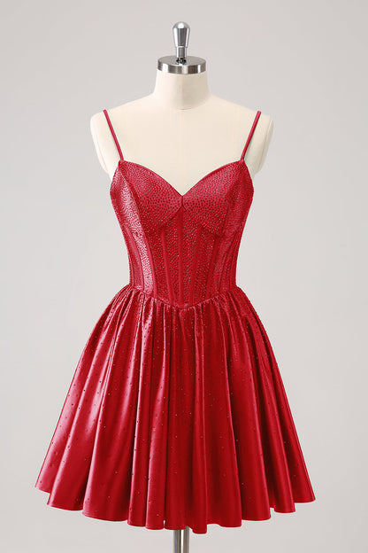 Cute Red A Line Spaghetti Straps Ruffle Corset Short Homecoming Dress with Beading