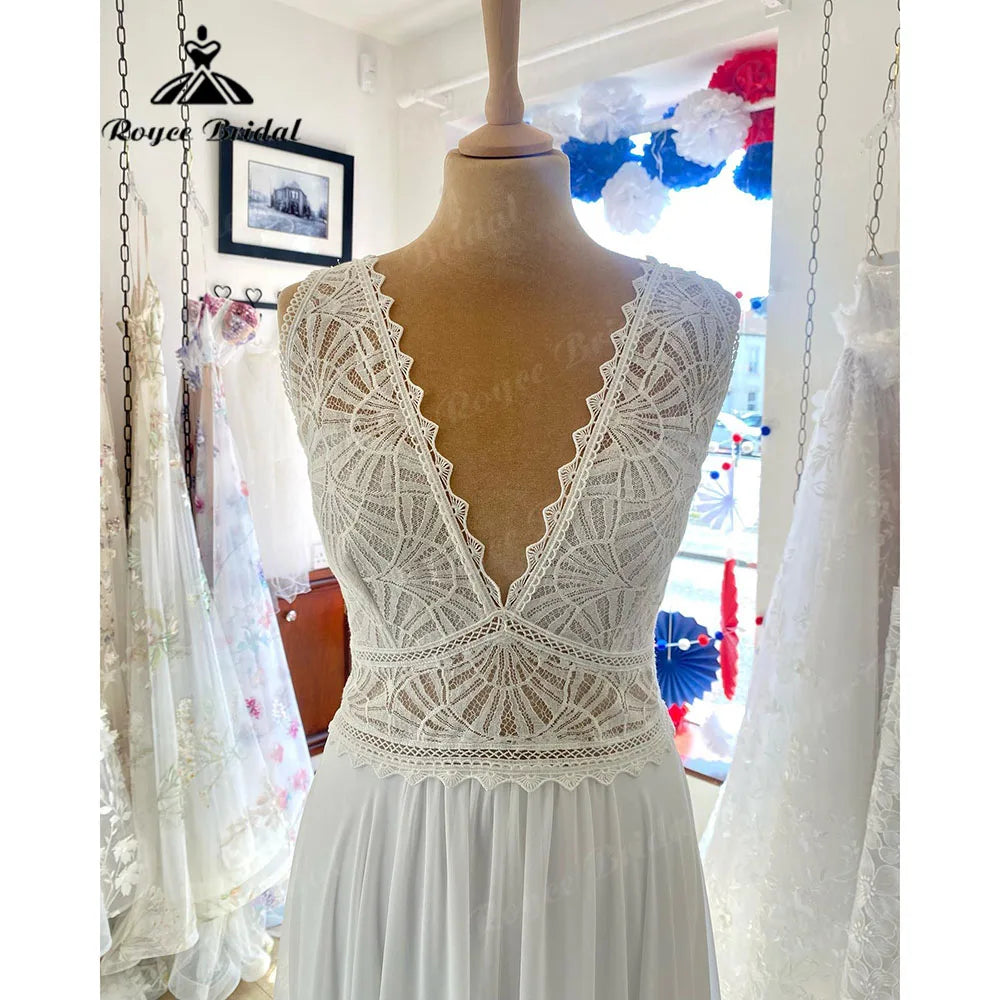 Robe Boheme Beach Boho Chiffon Sleeveless Lace Bodice Wedding Dress for Women 2024 V Neck Bridal Gown robe de soirée de mariage