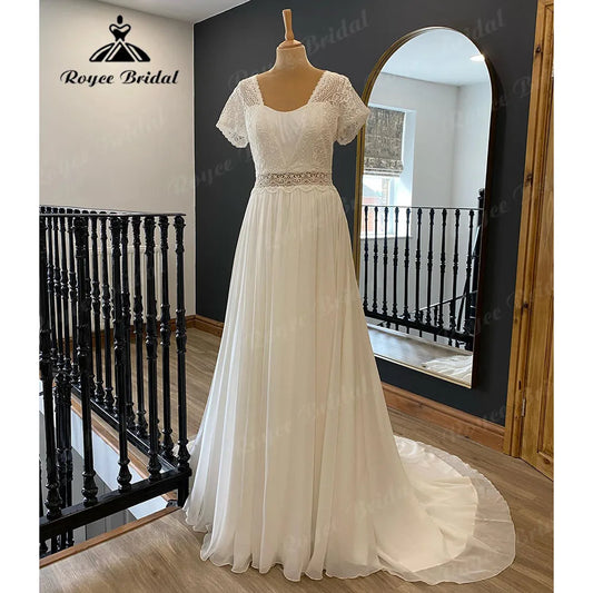 Robe Bohemian Civil A Line Boho Lace Bodice Chiffon Beach Wedding Gown with Short Sleeve Women Bridal Dress sukienka na wesele