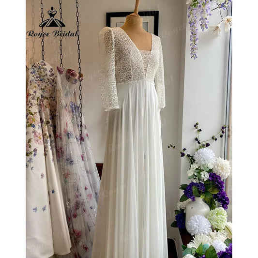 Robe Chic Boho Long Sleeve V Neck Lace Bodice Chiffon Wedding Gown for Women 2024 Beach Bridal Wedding Dress robe de soirée