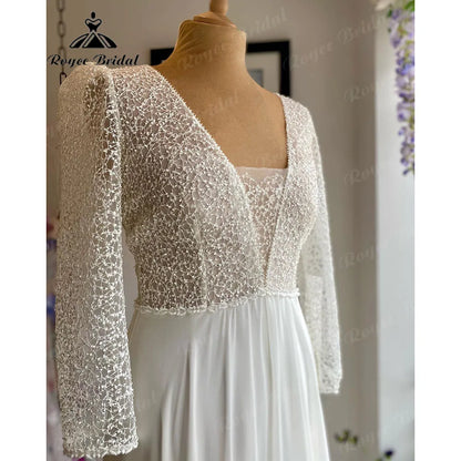 Robe Chic Boho Long Sleeve V Neck Lace Bodice Chiffon Wedding Gown for Women 2024 Beach Bridal Wedding Dress robe de soirée