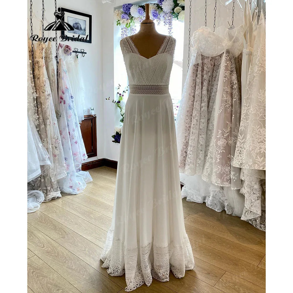 Robe Chic Sleeveless Lace Chiffon Boho Bohemian Wedding Dress for Women 2024 Wedding Gown for Women vestido de novia Roycebridal