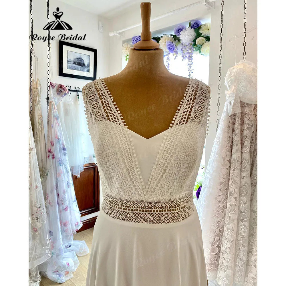 Robe Chic Sleeveless Lace Chiffon Boho Bohemian Wedding Dress for Women 2024 Wedding Gown for Women vestido de novia Roycebridal