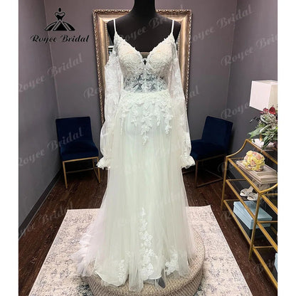 Robe Civil Long Sleeve Lace V Neck Open Back Off Shoulder Wedding Dress 2024 Elegant Bridal Gown robe de mariée Roycebridal