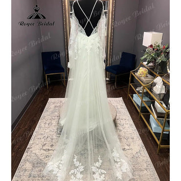 Robe Civil Long Sleeve Lace V Neck Open Back Off Shoulder Wedding Dress 2024 Elegant Bridal Gown robe de mariée Roycebridal