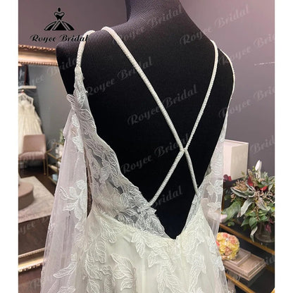 Robe Civil Long Sleeve Lace V Neck Open Back Off Shoulder Wedding Dress 2024 Elegant Bridal Gown robe de mariée Roycebridal