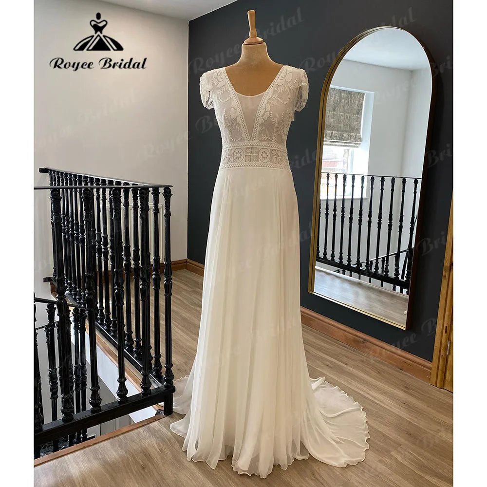 Robe De Mariée Bohemian Beach Lace Bodice Chiffon Boho Wedding Dress with Short Cap Sleeve 2024 Women Bridal Gown Roycebridal