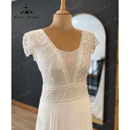 Robe De Mariée Bohemian Beach Lace Bodice Chiffon Boho Wedding Dress with Short Cap Sleeve 2024 Women Bridal Gown Roycebridal