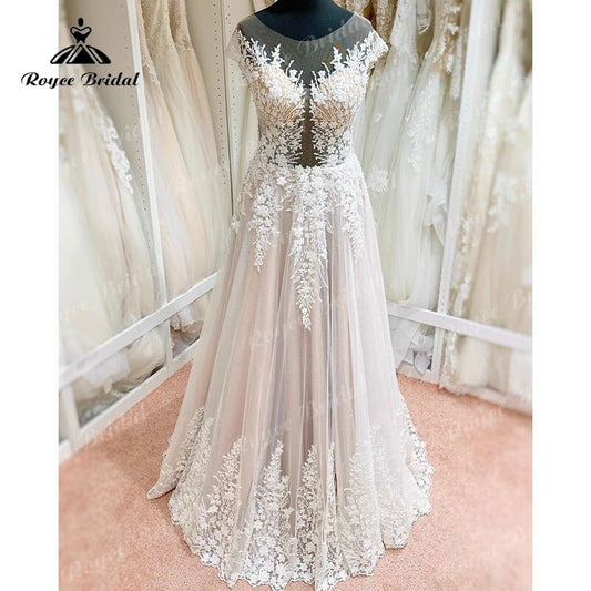 Robe De Mariage Unlined Bodice FLowy A Line Blush Pink Wedding Dress Cap Sleeve Lace Applique Backless robe soirée mariage 2022