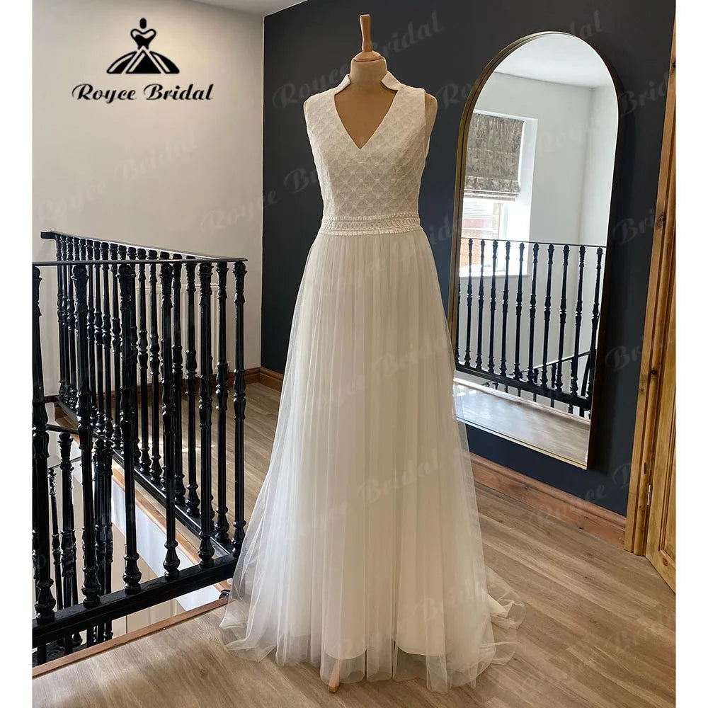 Robe Femme Civil Summer Sleeveless V Neckline Soft Tulle Wedding Gown for Women 2024 Bridal Wedding Dress robe de soirée Elegant