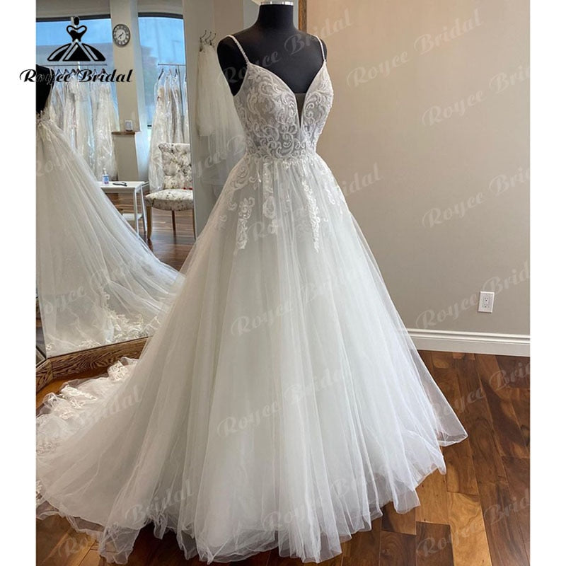 Roycebridal BRIDE,BRIDE EXPLORE All Wedding Dresses,BRIDE EXPLORE Custom Wedding Dresses 👗,BRIDE EXPLORE Plus SizeRobe Mariage Spaghetti Straps V Neck A Line Beach Wedding Dress Open Back 2025 Sweep Train Trouwjurk Bridal Gowns for Women Sexy